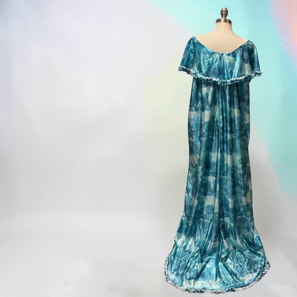 Vintage Blue Teal Maxi Dress Ruffled Capelet Sleeves Hawaiian Size 2X Hi-Low